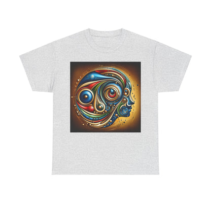 Stained Glass Dreams Unisex T-Shirt in grey, displaying a stunning abstract portrayal of a human face through vibrant hues and geometrical designs, perfect for those who appreciate luxury in fashion.