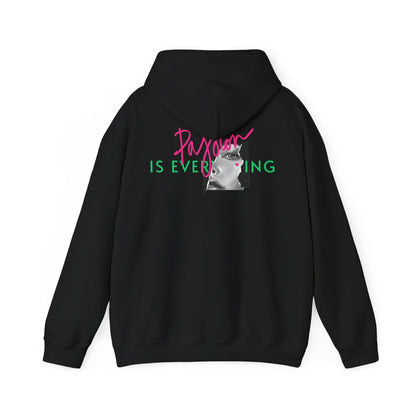 Elegant black hoodie featuring a striking back graphic with the words 'Passion IS EVERYTHING' in vibrant pink and green, complemented by a captivating black and white portrait.