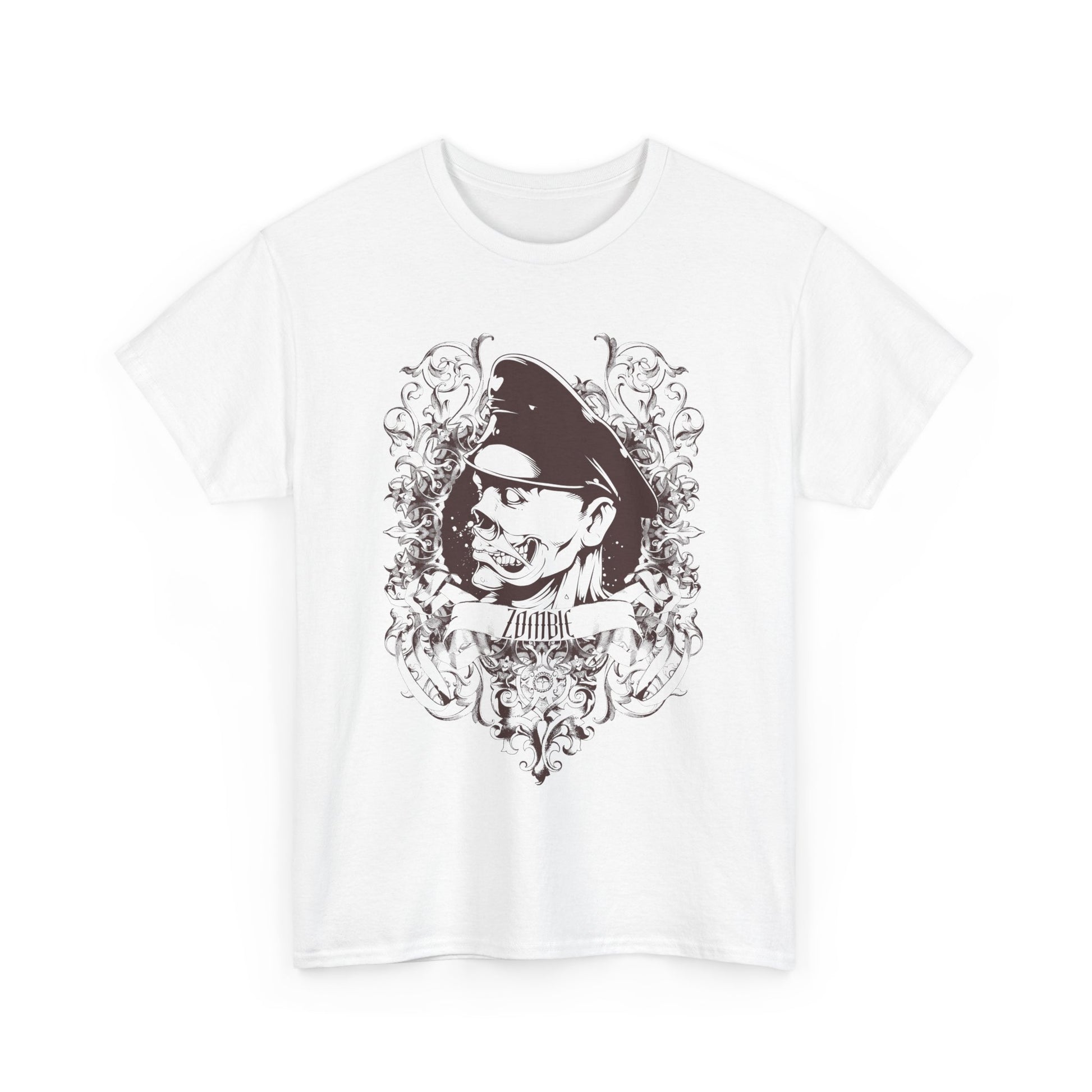 Front view of a men's graphic t-shirt featuring a striking zombie design surrounded by intricate Baroque details, showcasing bold artistic expression.