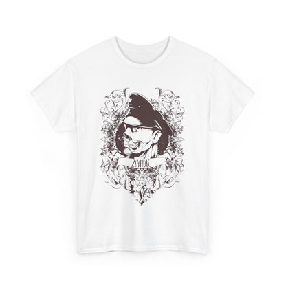 Front view of a men's graphic t-shirt featuring a striking zombie design surrounded by intricate Baroque details, showcasing bold artistic expression.