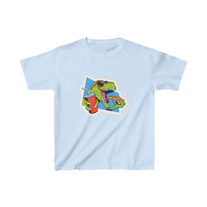Unisex Kids T-Rex Pizza Cotton T-Shirt in light blue, adorned with a vibrant graphic of a dinosaur enjoying pizza, combining fun and comfort for children.