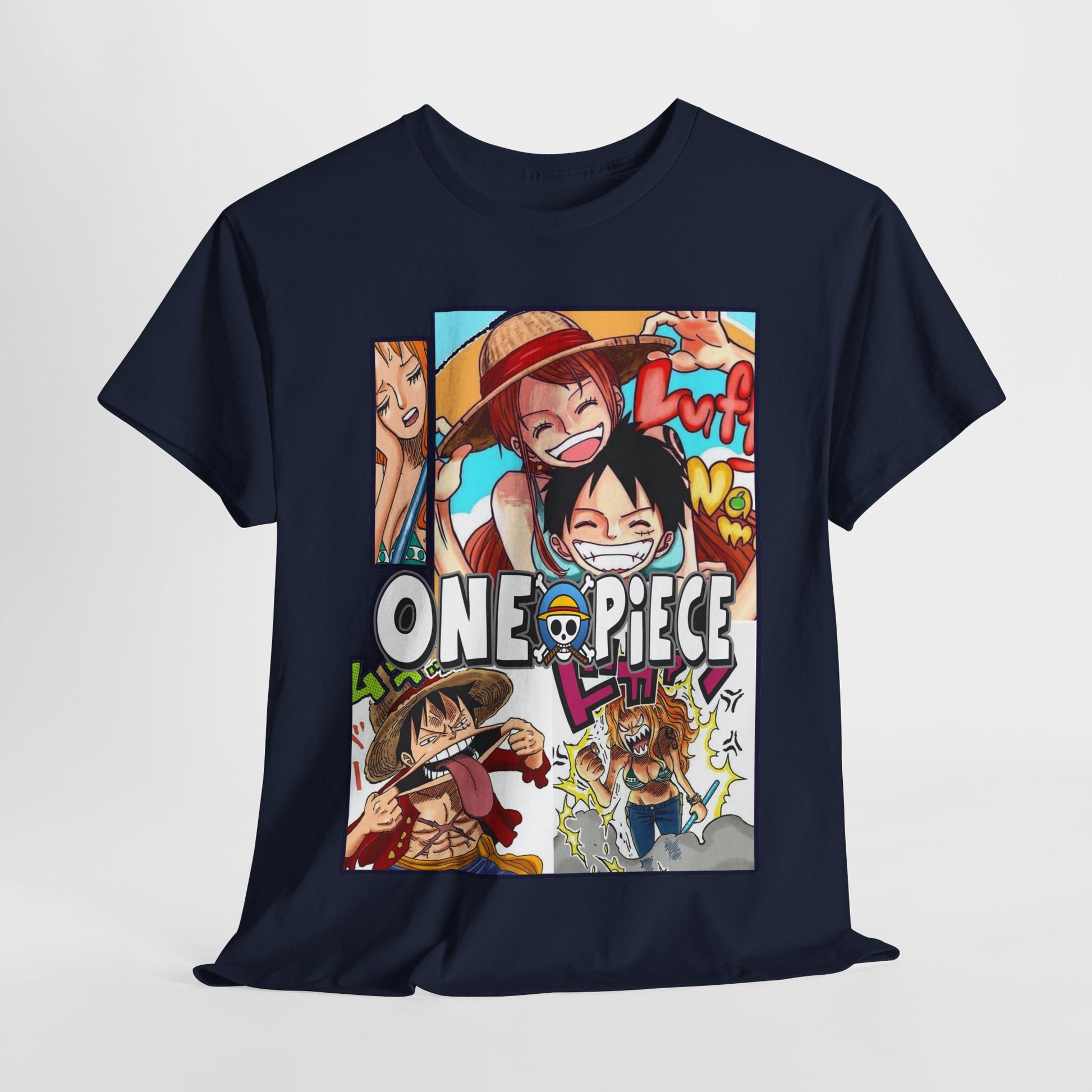 Luxurious navy blue T-shirt featuring a vibrant One Piece anime collage design, showcasing beloved characters in joyful expressions against a striking graphic background.