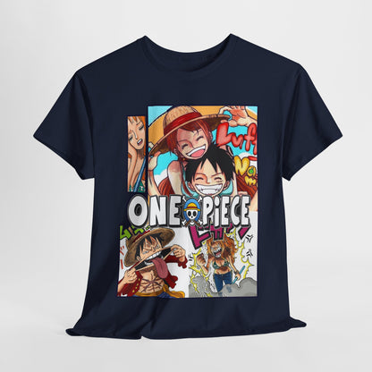 Luxurious navy blue T-shirt featuring a vibrant One Piece anime collage design, showcasing beloved characters in joyful expressions against a striking graphic background.