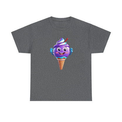 Scoop of Joy: Cartoon Ice Cream Cone Character Tee in dark grey, depicting an adorable purple ice cream character, designed to spread joy and elevate casual attire.