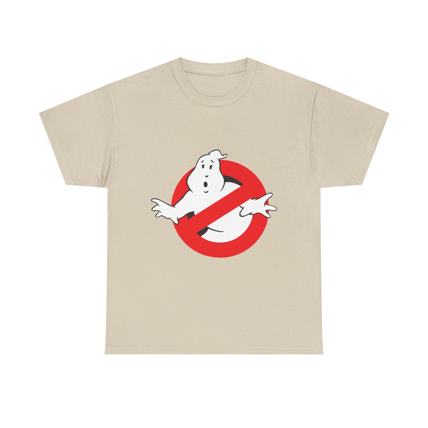 Chic men's t-shirt in a soft beige tone, adorned with the legendary Ghostbusters logo encircled in vibrant red for a playful luxury aesthetic.
