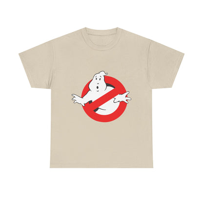 Chic men's t-shirt in a soft beige tone, adorned with the legendary Ghostbusters logo encircled in vibrant red for a playful luxury aesthetic.