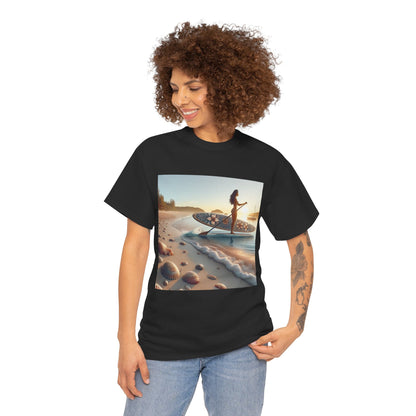 Dynamic image of the Delightfull Paddle Board T-Shirt by Dazzling Dreams Studio worn by a water sports lover in a picturesque outdoor setting.