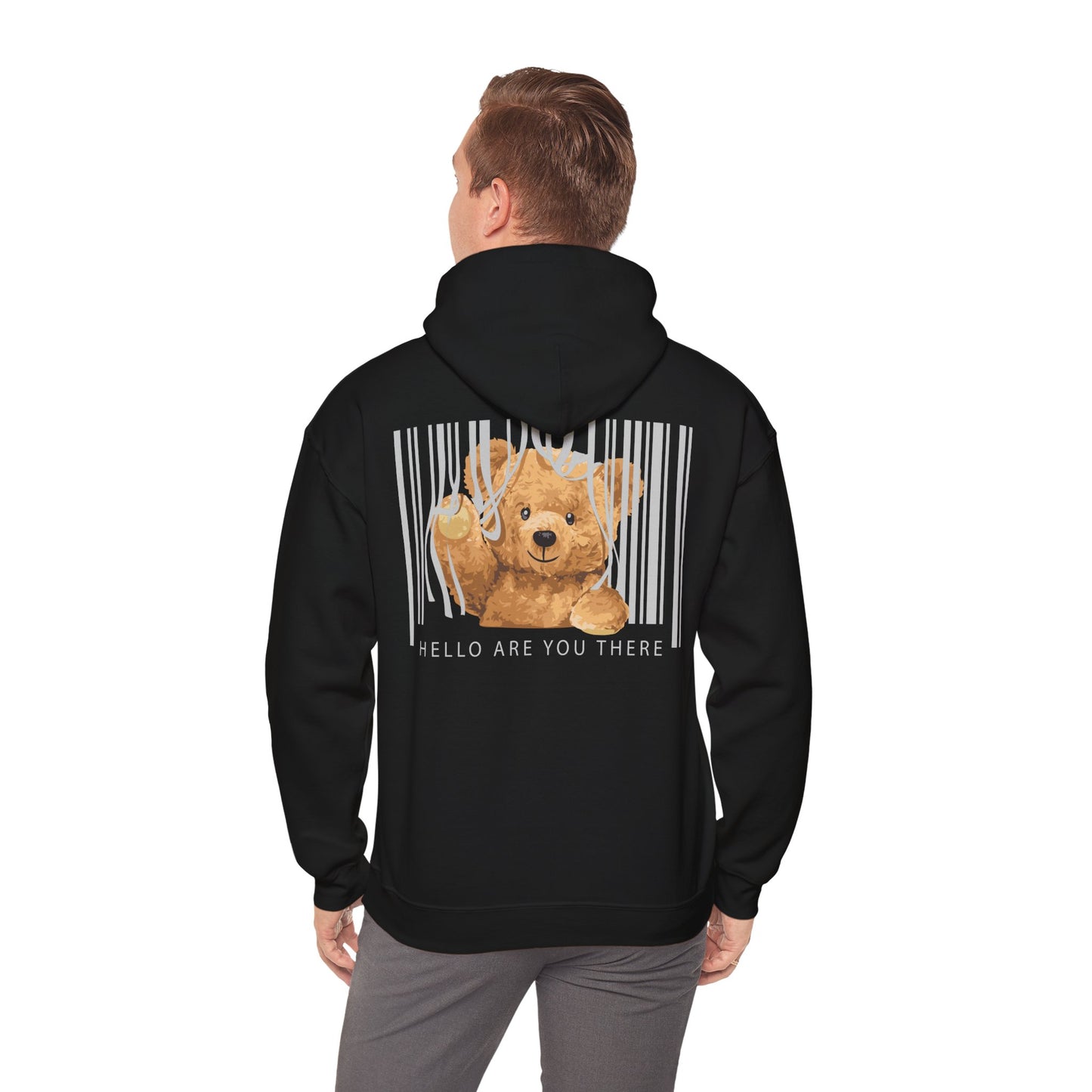 Refined black hoodie adorned with a whimsical teddy bear and barcode design on the reverse, combining comfort and contemporary style for a unique statement.