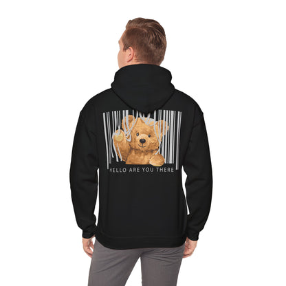 Refined black hoodie adorned with a whimsical teddy bear and barcode design on the reverse, combining comfort and contemporary style for a unique statement.