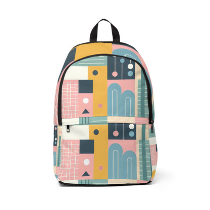 Geometric Pastel Backpack by Dazzling Dreams Studio, showcasing vibrant pastel patterns and a contemporary design perfect for stylish travellers.