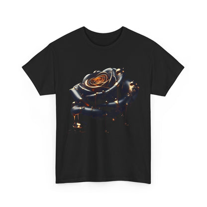 Close-Up Abstract Rose Unisex Cotton Tee Graphic T Shirt showcasing an artistic depiction of a rose with molten elements, ideal for a stylish wardrobe.