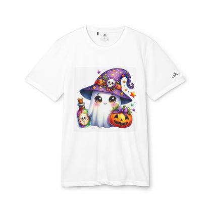 Adidas Unisex Halloween Party Ghost Cute T-shirt in classic white showcasing an adorable ghost graphic, a chic choice for Halloween festivities.