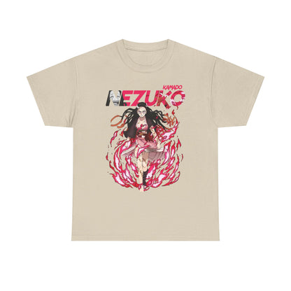 Chic beige T-shirt featuring a captivating Nezuko Kamado design, merging anime aesthetics with premium fabric quality for a stylish wardrobe addition.
