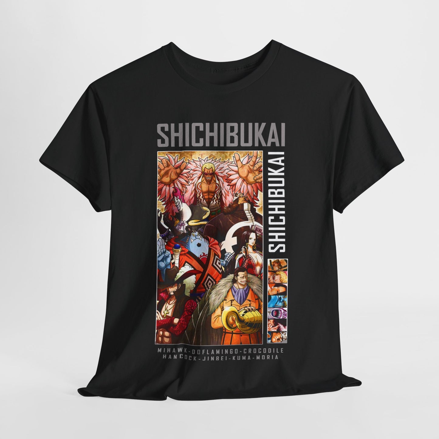Exquisite black One Piece Shichibukai T-shirt featuring vibrant anime graphics of Mihawk and Doflamingo, perfect for discerning fans.