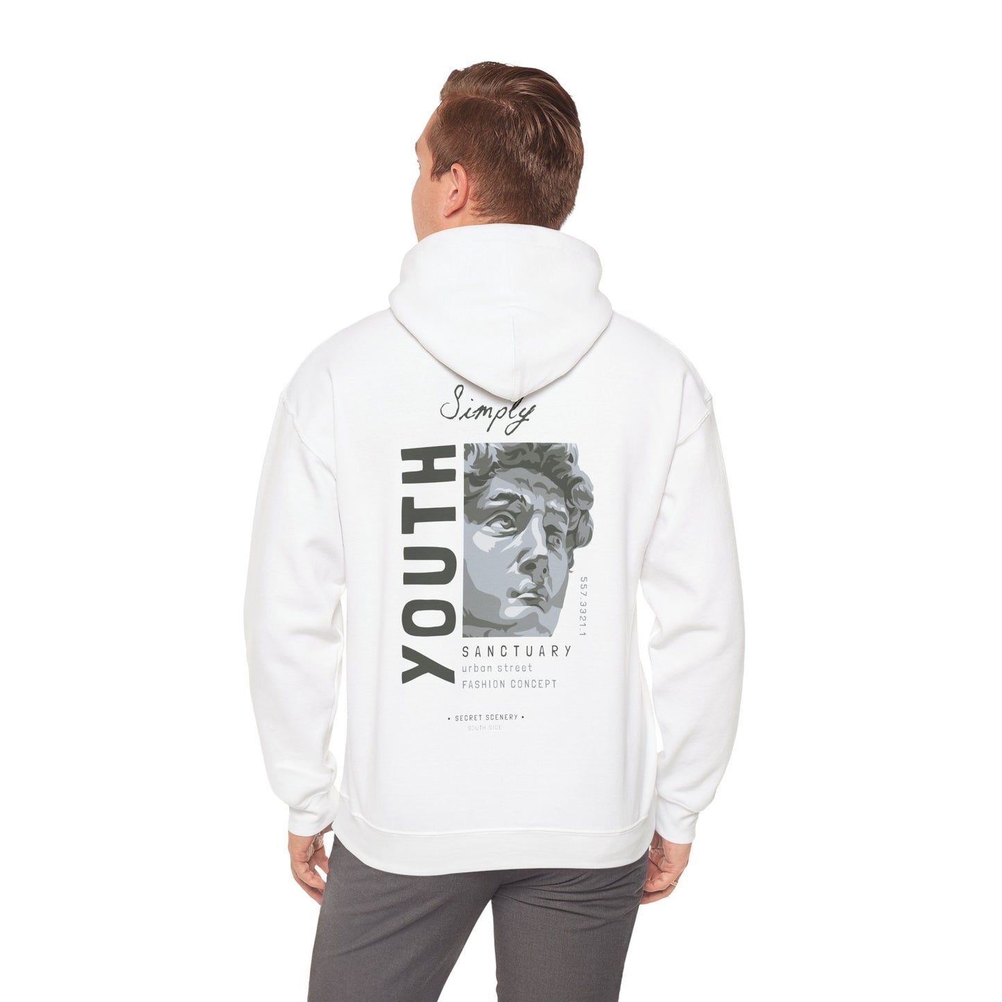 Man wearing a luxurious white back print hoodie adorned with an artistic bust and fashionable urban elements, ideal for street style.