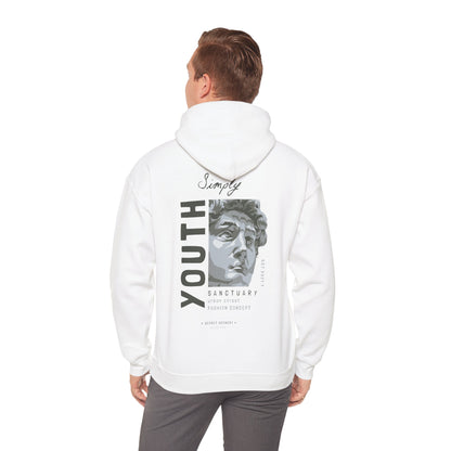 Man wearing a luxurious white back print hoodie adorned with an artistic bust and fashionable urban elements, ideal for street style.