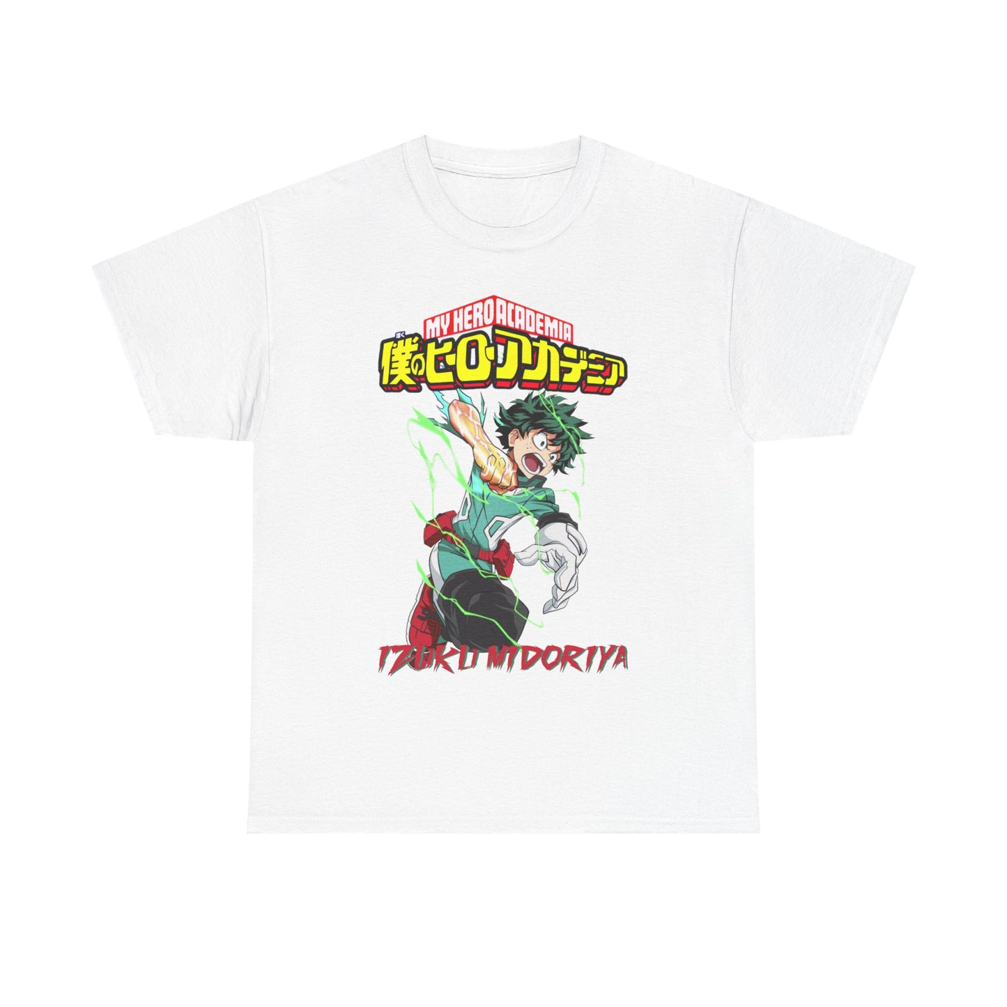 Refined white Izuku Midoriya T-shirt showcasing a dynamic graphic design representing the energy of My Hero Academia, ideal for luxurious casual wear.