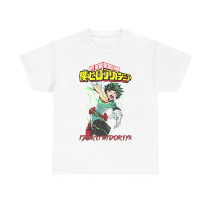 Refined white Izuku Midoriya T-shirt showcasing a dynamic graphic design representing the energy of My Hero Academia, ideal for luxurious casual wear.