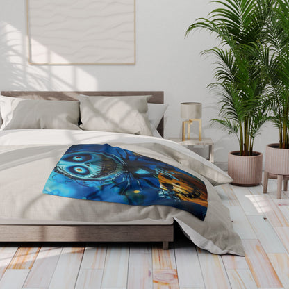 Stylish Decorative and Warm Halloween Skellington Spooky Arctic Fleece Blanket elegantly displayed on a contemporary bed, enhancing the seasonal ambiance with its vivid design.