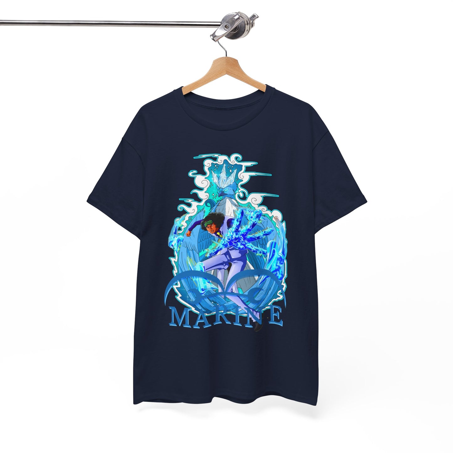 Elegant navy men's t-shirt with a captivating marine-themed anime graphic, crafted for comfort and artistic expression in fashion.