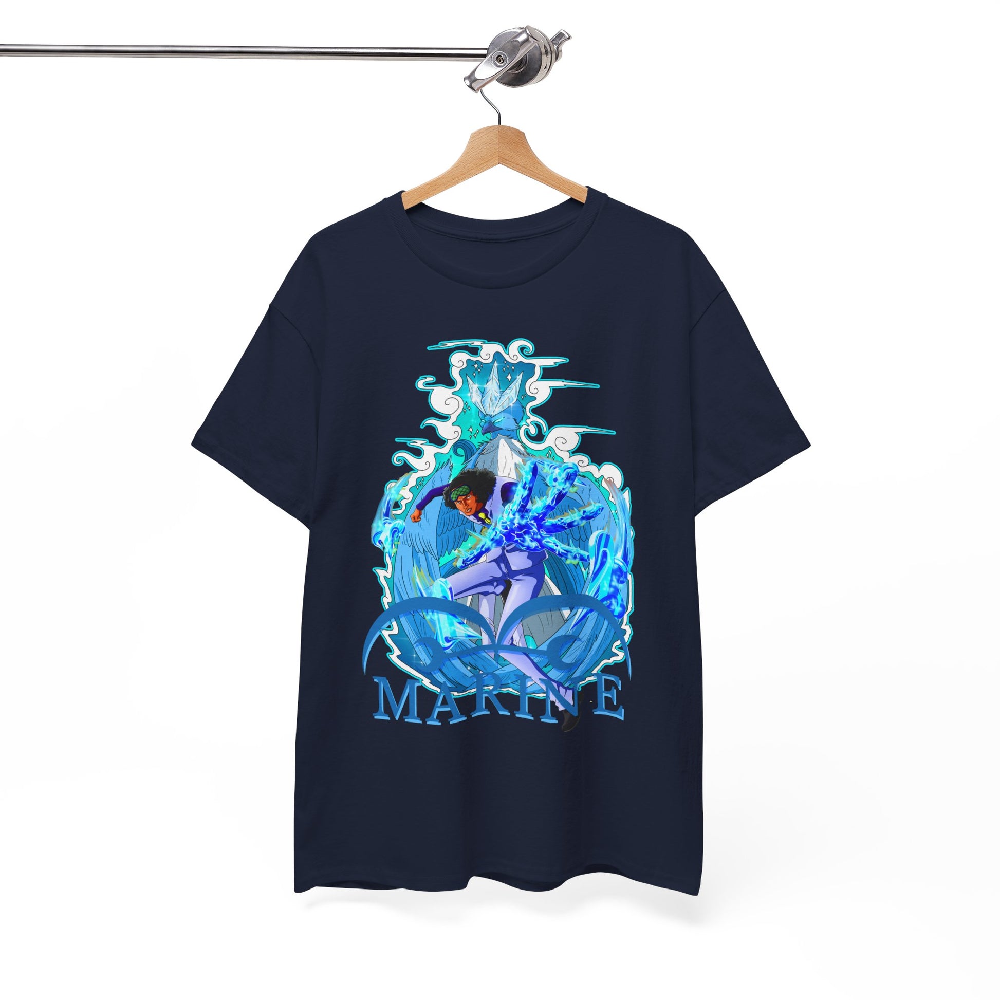 Elegant navy men's t-shirt with a captivating marine-themed anime graphic, crafted for comfort and artistic expression in fashion.