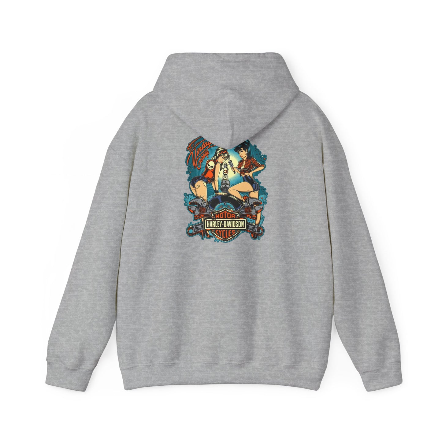 Stylish vintage garage hoodie featuring a vibrant pin-up female illustration against a teal-blue background, showcasing retro motorcycle aesthetics.