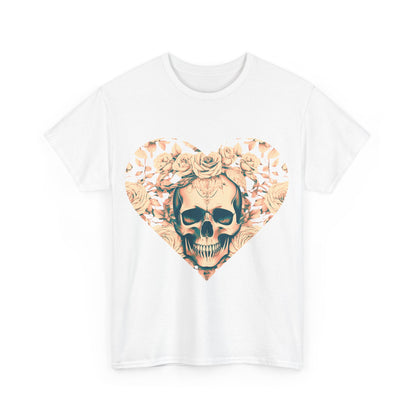 Front view of the Skulls and Roses Cotton Tee, Unisex Graphic Shirt with an intricate heart-shaped design featuring skulls surrounded by roses.