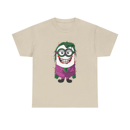 Men's Funny T Shirt with a vibrant Joker Minion design, a unique blend of comedy and superhero flair, perfect for Minions lovers.