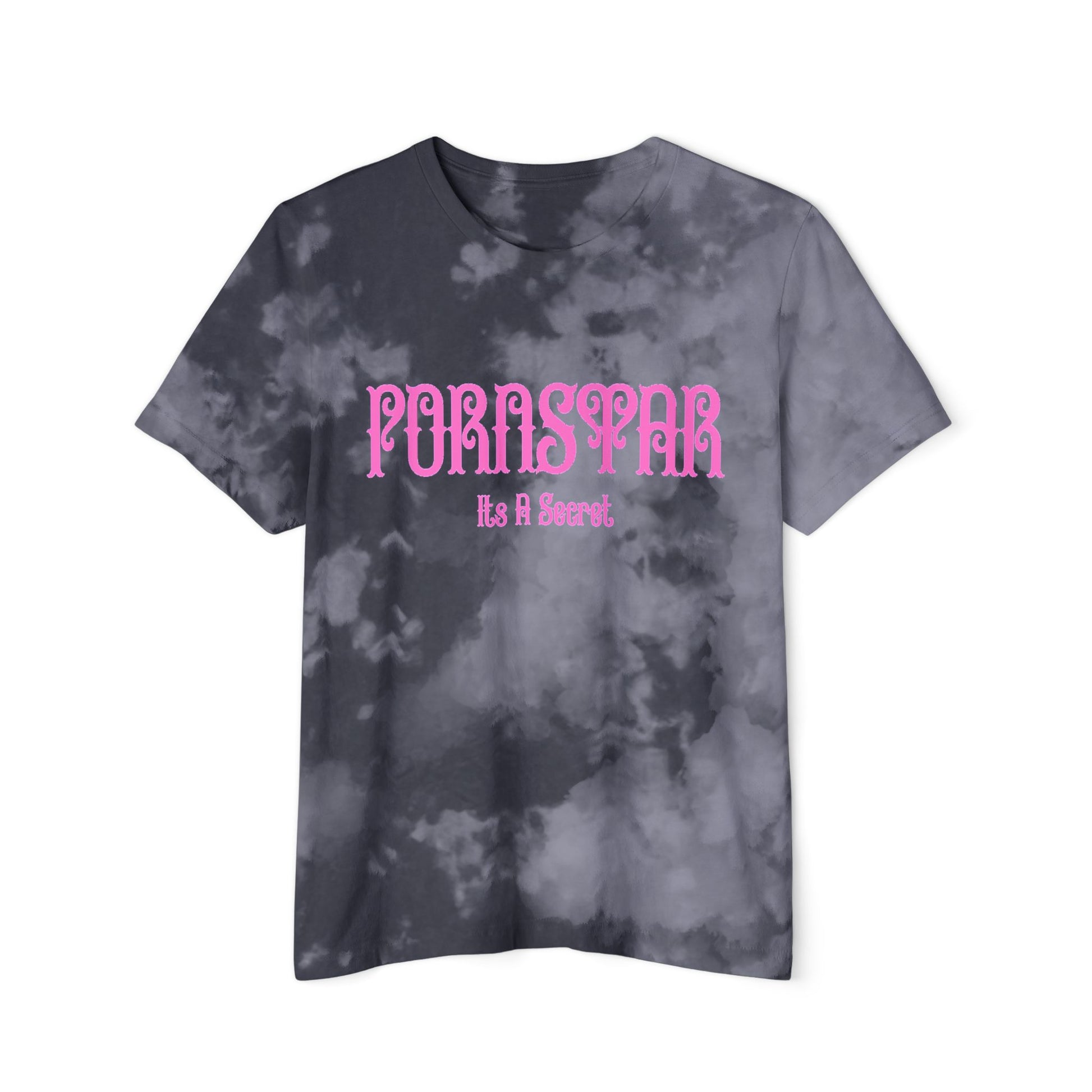 Trendy grey tie-dye t-shirt featuring the cheeky statement 'Pornstar It's A Secret' in an eye-catching pink font, perfect for a fashionable statement piece.