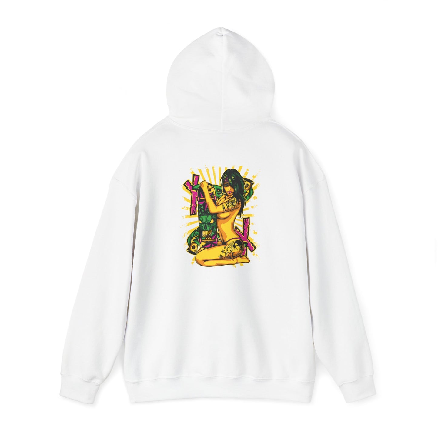 Chic white hoodie featuring vibrant pop art illustration on the back, embodying artistic flair.