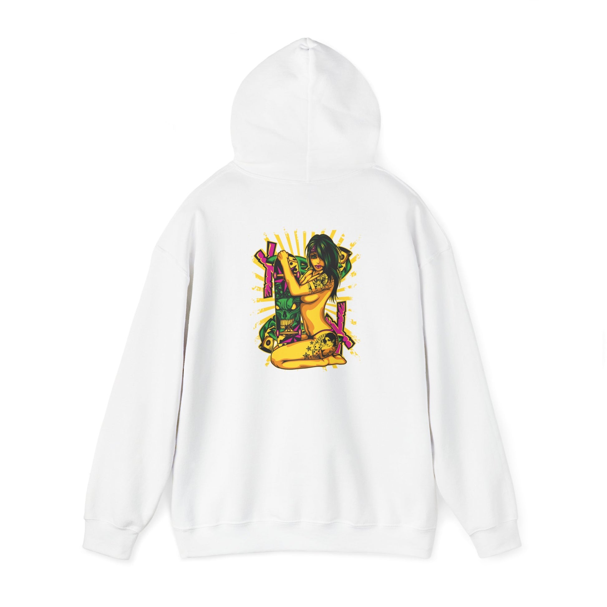 Chic white hoodie featuring vibrant pop art illustration on the back, embodying artistic flair.