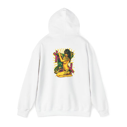 Chic white hoodie featuring vibrant pop art illustration on the back, embodying artistic flair.