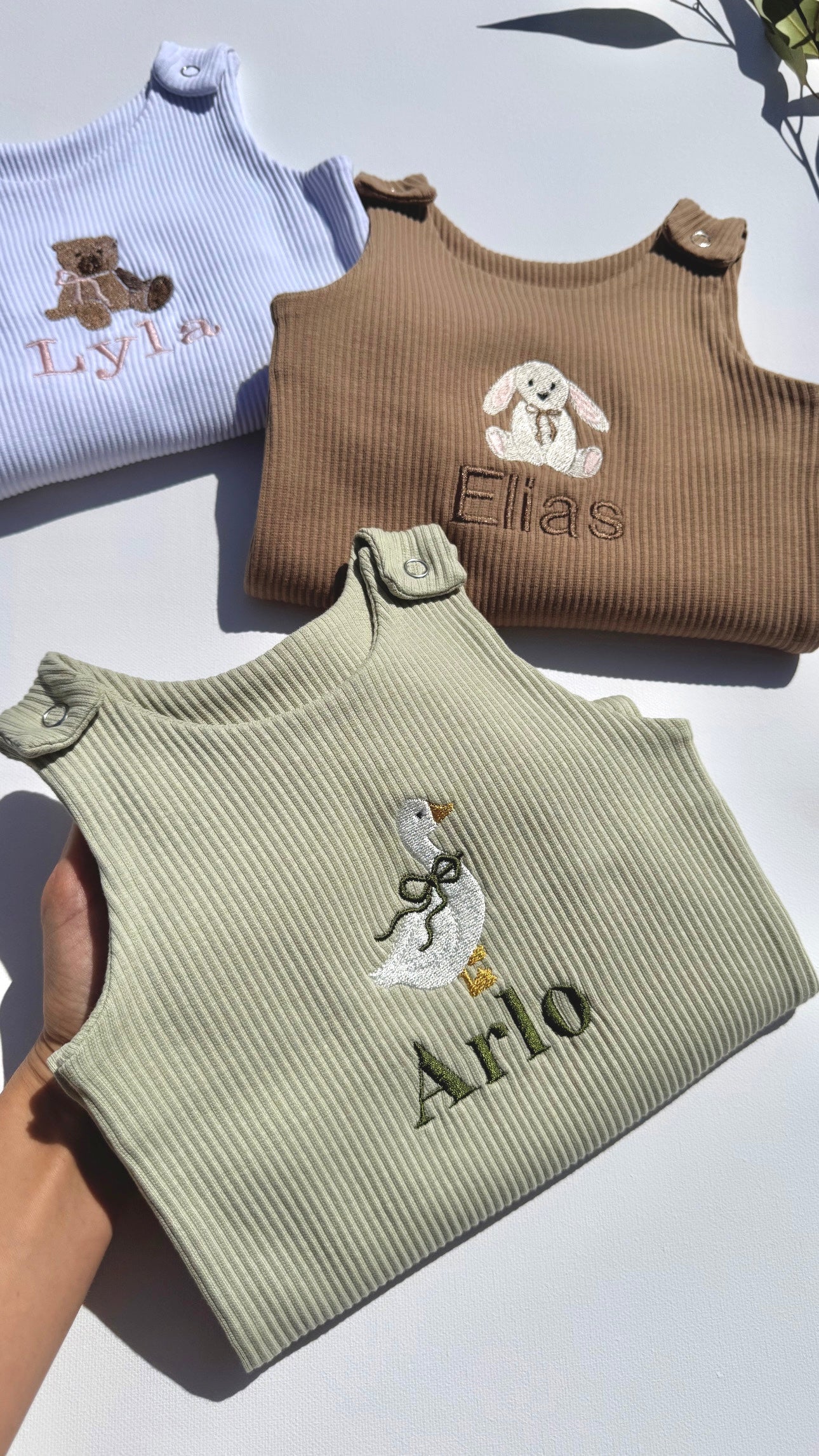 Luxury personalised safari dungarees for baby 0-3 years by DreamBuy, featuring exquisite embroidered jungle animals.