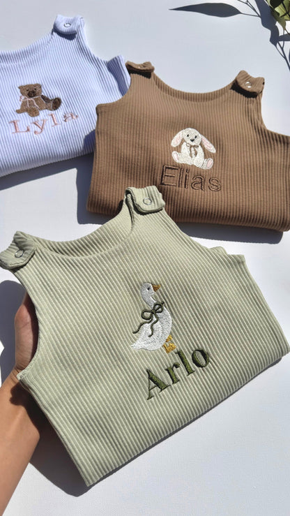 Luxury personalised safari dungarees for baby 0-3 years by DreamBuy, featuring exquisite embroidered jungle animals.