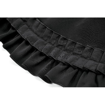 High-waisted black mini skirt with ruffled hem and sweetheart waistband, showcasing gothic elegance and vintage-inspired style.