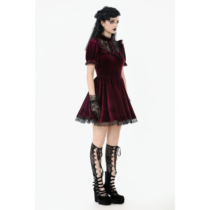 Ophelia Lace Collar Burgundy Velvet Goth Dress showcasing a fitted bodice and flared skirt, ideal for gothic elegance.