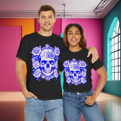 Stylish couple wearing the Skulls and Roses Cotton Tee, a luxurious unisex graphic shirt featuring an intricate steampunk skull design entwined with roses, ideal for alternative fashion lovers.