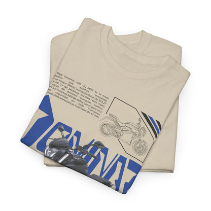 Folded luxury T-shirts showcasing the striking Dominar 400 motorcycle artwork, blending modern design with premium fabric, ideal for style-conscious riders.