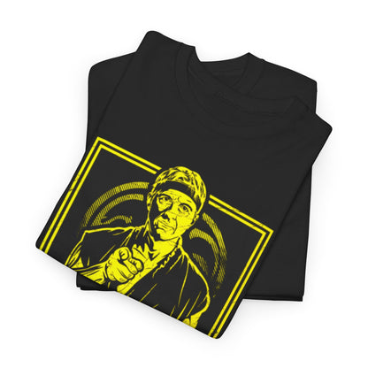 Premium quality stack of unisex Cobra Kai t-shirts featuring the arresting 'I Want You for Cobra Kai' graphic in yellow, symbolising a blend of style and nostalgia.