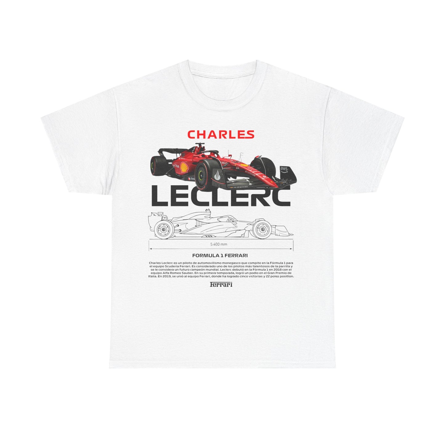 Luxurious white t-shirt featuring an eye-catching graphic of Charles Leclerc and a Ferrari race car, ideal for motorsport enthusiasts.