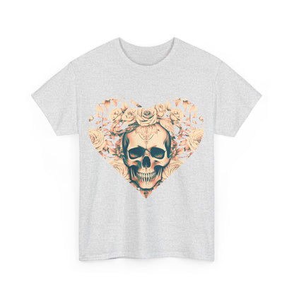 Front view of the Skulls and Roses Cotton Tee featuring a stunning skull surrounded by roses in a heart shape.