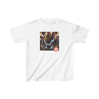 Kids Iron Man Heavy Duty Tee with Hulk Graphic in white featuring a striking Iron Man logo, perfect for young superhero fans.