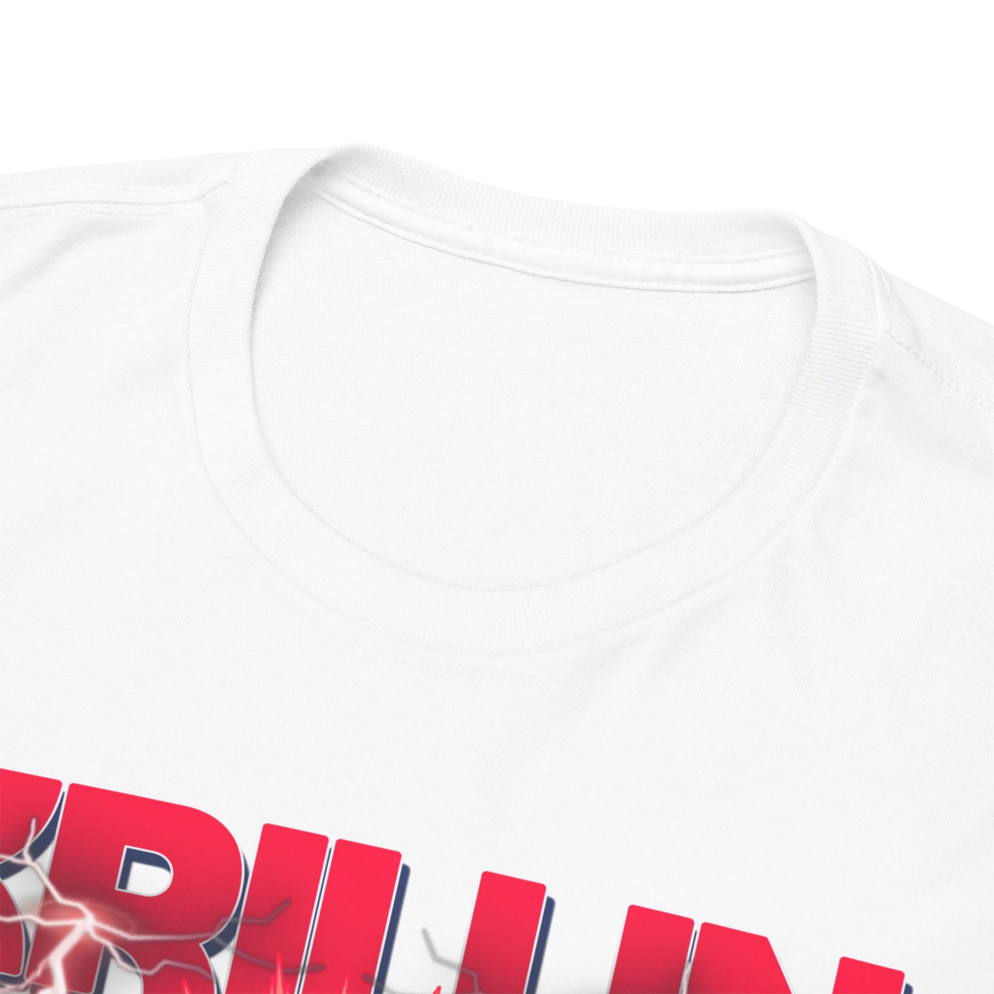 Close-up of the neckline of a premium white T-shirt showcasing 'KRILLIN' in bold lettering with electrifying effects, exemplifying superior quality and design.