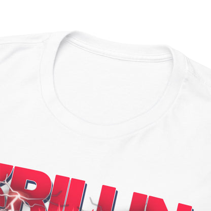 Close-up of the neckline of a premium white T-shirt showcasing 'KRILLIN' in bold lettering with electrifying effects, exemplifying superior quality and design.