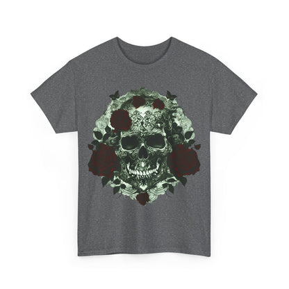 The front design of the Skulls and Roses Cotton Tee, featuring an intricate skull and rose graphic that encapsulates edgy elegance in a stylish grey shade.