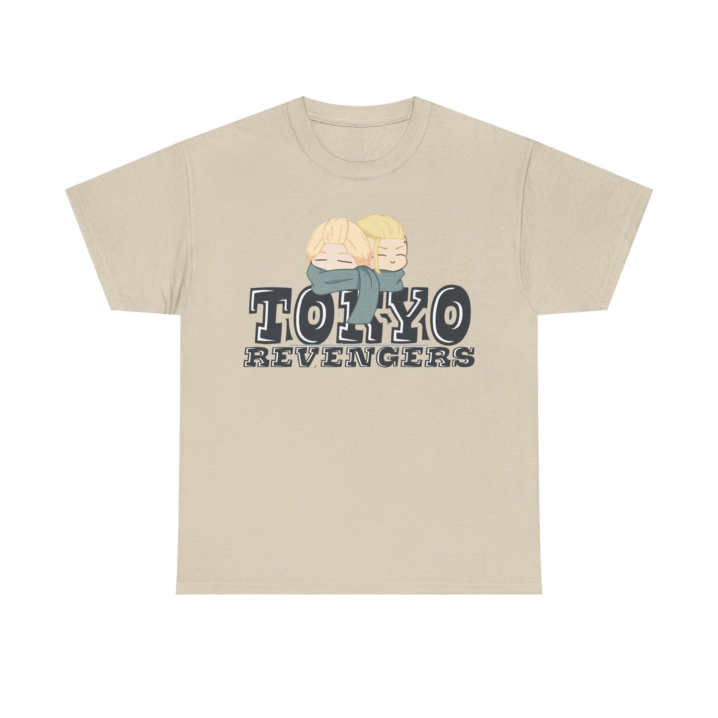 Chic Tokyo Revengers t-shirt in a beige hue, adorned with playful anime characters wearing grey scarves, perfect for anime lovers and trendy fashion.
