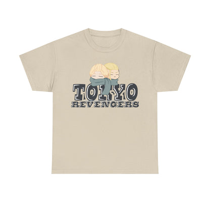 Chic Tokyo Revengers t-shirt in a beige hue, adorned with playful anime characters wearing grey scarves, perfect for anime lovers and trendy fashion.