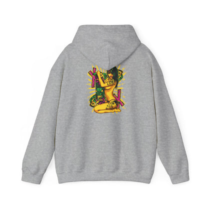 Stylish grey hoodie with a striking pop art illustration on the back, depicting a bold woman with a skateboard, blending modern artistry with luxurious elegance.