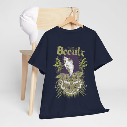 Luxurious men's graphic t-shirt featuring a Day of the Dead skull design adorned with whimsical wings and intricate snakes, elegantly displayed on a minimalist wooden hanger alongside a stylish white cap.