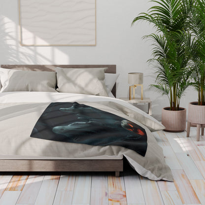 Stunning Decorative and Warm Halloween Spooky Arctic Fleece Blanket draped over a bed, showcasing a captivating Halloween motif of ghostly forms and a sinister pumpkin, ideal for a stylish seasonal theme.